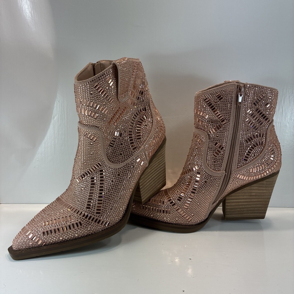 Women's Size 9 M Boots Very G Pink Rhinestone Western Ankle Booties Pointed Toe